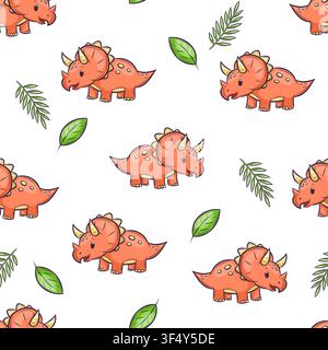 A seamless pattern featuring cute triceratops and leaves Stock Vector