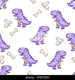 A seamless vector pattern featuring purple TRex dinosaurs and bones Stock Vector