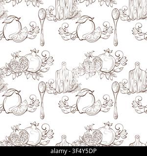 Seamless pattern with cutting board, lemon, citrus slice, wooden spoon and half pomegranate, botanical pen line vector illustration in rustic Stock Vector