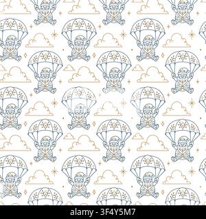 Christmas Seamless Pattern with Santa in Hot Air Balloon and Clouds Stock Vector
