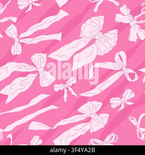 Tossed romantic pink ribbon bows over a fluid zebra stripe background seamless pattern. Cute girly coquette repeat background Stock Vector