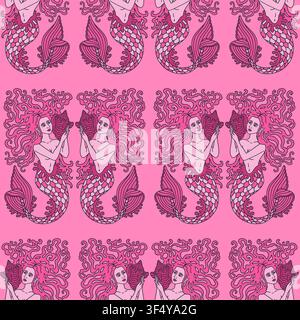 Vibrant pink seamless damask pattern with mirrored mermaids holding sea shells. Bold maximalist nautical line art Stock Vector