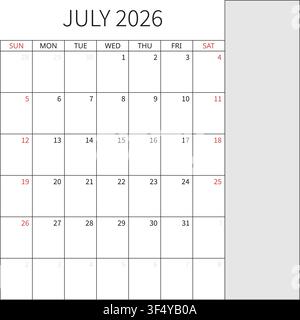 July 2026 English Minimalist Wall Calendar Page Corporate Project Management Layout Stock Vector