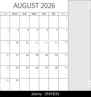 August 2026 English Minimalist Wall Calendar Page Corporate Project Management Layout Stock Vector