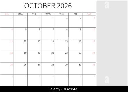 October 2026 English Professional Monthly Calendar Template Minimalist Corporate Planner Grid Stock Vector