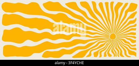 Retro psychedelic sunshine illustrations with wavy rays and geometric shapes. Bold 70s-inspired abstract designs featuring radial bursts, vibrant Stock Vector