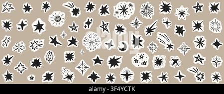 Cute paper cutout stars with grunge texture and hand-drawn elements, ideal for scrapbook collages, diary decoration, and vintage-inspired creative Stock Vector