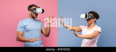 Happy Young Man And Woman Using Virtual Reality Headsets, Experiencing Immersive Technology Stock Photo