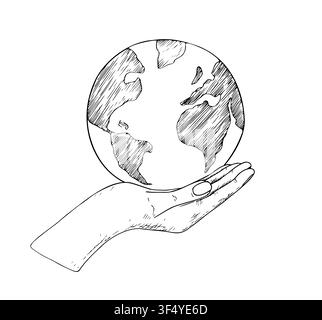 Vector human hand holding planet Earth. Graphic earth day globe illustration isolated on background. Symbolizing environmental protection and global Stock Vector