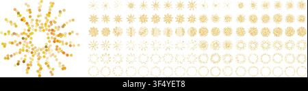 Set of gold confetti stars icons. Star shapes collection. Shiny simple stars pack. Christmas star objects isolated on transparent bg. Vector png Stock Vector