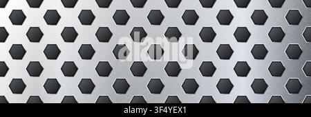 Aluminium seamless perforated metal sheet realistic texture. Metal chrome grill plate with hexagon holes. Modern design carbon radiator bg. Macro spea Stock Vector