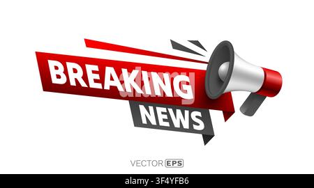 Breaking News banner with a megaphone for urgent announcements and important alerts. Vector illustration. Stock Vector