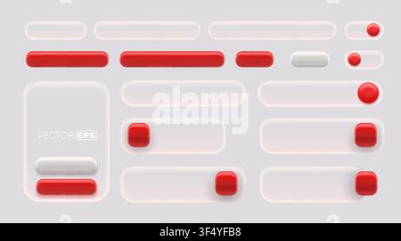 Modern 3D user interface kit in a neumorphic style with red and white soft buttons and toggles. Vector illustration Stock Vector