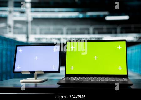 Close up of green screen tablet and laptop in data center used to repair equipment electronics. Chroma key devices in server hub running software development tools, resolving gear glitches Stock Photo