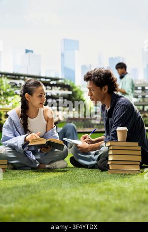 Diverse classmates collaborating on laptop while seated on campus lawn, discussing coursework and taking notes for exam preparation. Peer tutoring and group study. Stock Photo