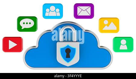 Secure cloud storage with padlock and digital content icons. 3D rendering isolated on white background Stock Photo