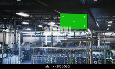 Industrial platform workstation in automated data center displaying deep learning code on green screen monitor. Server hub chroma key PC running AI models monitoring operational stability Stock Photo