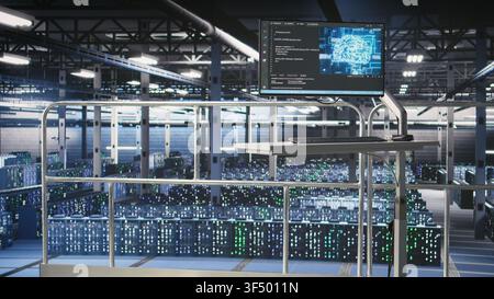Automated infrastructure workstation on industrial platform inside server hub showing AI machine learning scripts. Computer in data center displaying neural network activity Stock Photo