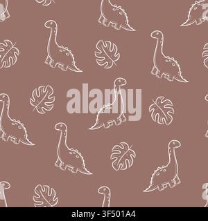 A vector seamless pattern featuring dinosaurs and leaves in line art Stock Vector
