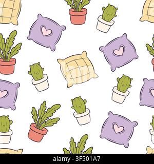 A vector seamless pattern featuring cushions and potted plants Stock Vector