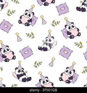 A vector seamless pattern featuring pandas wearing party hats, cushions and leaves Stock Vector
