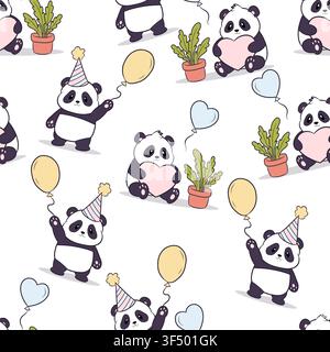 Seamless vector pattern featuring a panda for a birthday Stock Vector