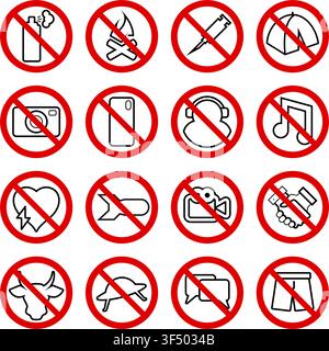 Collection of prohibition signs with everyday object icons in simple editable vector style Stock Vector