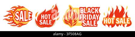 Flaming Black Friday sticker set. Hot sale badges, burning price tags, fire frame promotional labels, shopping discount advertising burn banners. Marketing offer template design. Vector illustration Stock Vector