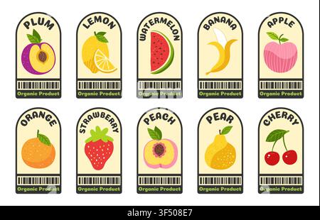 Cartoon fruit label set. Colorful organic fresh badges with barcode for supermarket and farm shop, grocery store. Retro groovy sticker design. Vector illustration collection Stock Vector