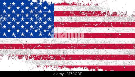 A modern and energetic interpretation of the American flag where the bold blue, red, and white sections gradually dissolve into a fine spray of speckled particles and fading splatter texture, especially noticeable along the bottom edge where the design breaks apart into the white background. The effect creates a sense of motion, transformation, and urban street art energy, blending crisp graphic clarity in the upper portion with a loose, disintegrating texture below. This versatile and visually striking design works well for street art and urban culture branding, contemporary Independence Day  Stock Vector