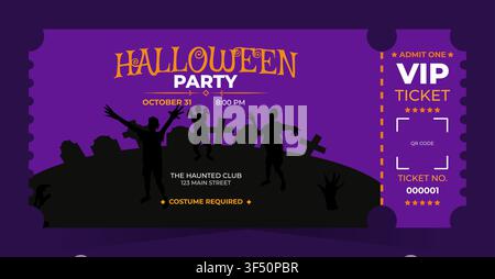 Horizontal Halloween party ticket template with colorful modern design. Editable admission pass for club events, music festivals, costume parties and holiday celebrations. Vector illustration. Stock Vector