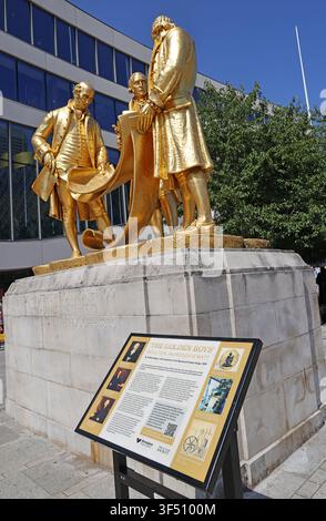 The Golden Boys statue in Birmingham, depicting Matthew Boulton, James Watt and William Murdoch, West Midlands, UK. Stock Photo