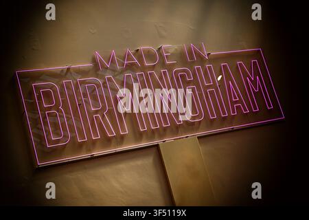 Pink ‘Made in Birmingham’ neon sign in the Industrial Gallery at Birmingham Museum and Art Gallery, Chamberlain Square, England. Stock Photo