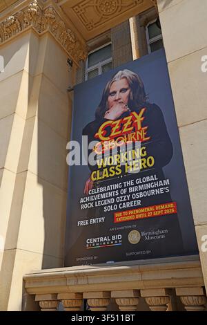Ozzy Osbourne Working Class Hero exhibition banner on Birmingham Museum & Art Gallery, celebrating the Black Sabbath frontman Stock Photo