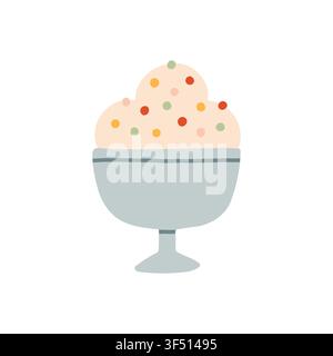Cute ice cream sundae in a blue glass bowl vector illustration with colorful sprinkles. Flat sweet dessert element for summer party graphics, cafe Stock Vector