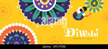 Happy Diwali greeting card, poster, flyer, cover, vector illustration with an Indian woman creating colorful rangoli design  in geometric style. Stock Vector