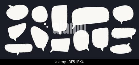 Crayon speech bubble doodles on chalkboard. White hand drawn dialog boxes on blackboard. Rough sketched comic talk frames. Scribbled balloon text box bundle. Vector pastel chalk pencil chat cloud pack Stock Vector