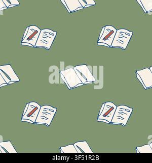 Hand drawn open books seamless pattern on green background vector doodle illustration Stock Vector