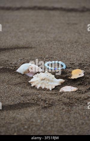 Seashells and beads on the sandy beach Stock Photo
