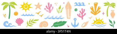 Summer icon sea abstract set. Hand drawn summer icon sea wave beach palm logo mediterranean pattern. Tropical shell ocean vacation island boho minimalist vintage background. Vector illustration Stock Vector