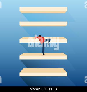 Man Climbing Up Ladder Steps On Blue Background, Square, Vector Stock Vector