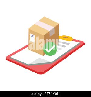 Isometric vector illustration of parcel delivery confirmation featuring a cardboard box, clipboard, and check mark. Perfect for logistics and ecommerc Stock Vector