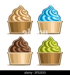 Vector set of Ice Cream in paper cup, variety sundae in tub box for cafe menu, icon collection of italian fruit ice cream, group of vegan frozen twist Stock Vector