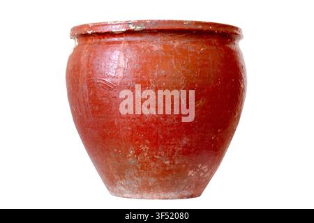 Antique ceramic pot isolated on white background. A large clay pot close-up. Stock Photo