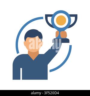 Success icon depicting a man holding a trophy aloft, symbolizing victory, achievement, and winning in business or sports. white background isolated Stock Vector