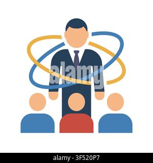 Business Leadership and Team Management Concept Illustration with Central Figure and Orbiting Arrows representing professional influence and organizat Stock Vector