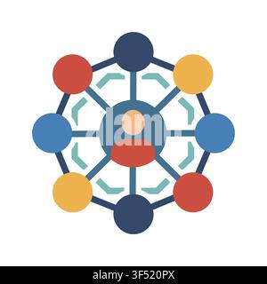Social network connection flat vector illustration featuring a central person surrounded by colorful interconnected nodes representing community Stock Vector