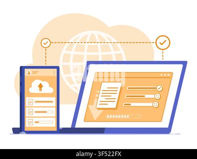Laptop Computer Syncing Data Files with Smartphone for Wireless Connection and Cloud Computing Technology Concept Illustration Stock Vector