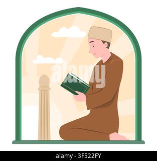 Muslim Man in Traditional Dress Sitting and Reading the Quran Book for Education and Learning Concept Illustration Clip Art Stock Vector