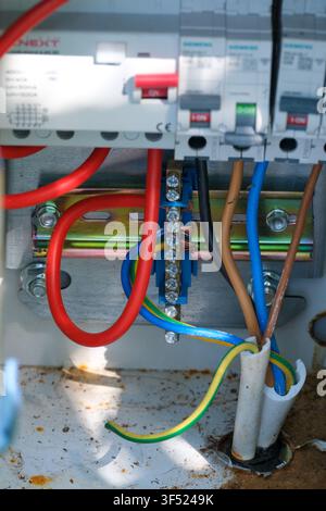 KYIV, UKRAINE - JULY 30, 2026: Close-up of an electrical distribution panel with Siemens circuit breakers, residual current device and electrical wiri Stock Photo